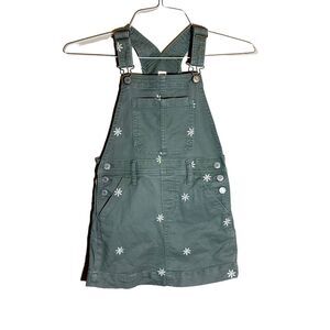 Gap Kids Girls Denim Green Overall Skirt Dress Embroidered Flowers Daisy Size S